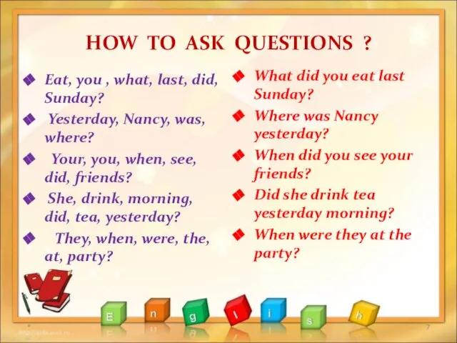 HOW TO ASK QUESTIONS ? Eat, you , what, last, did, Sunday?
