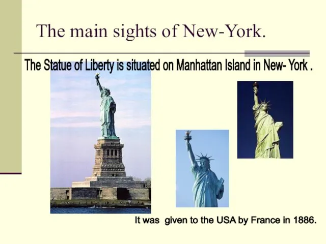 The main sights of New-York. The Statue of Liberty is situated on