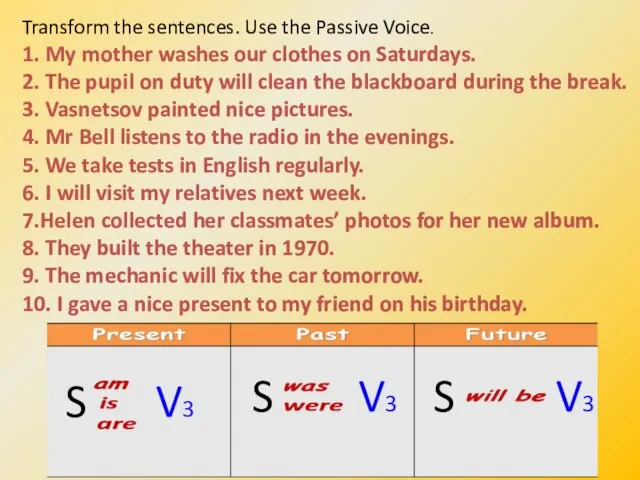 Transform the sentences. Use the Passive Voice. 1. My mother washes our