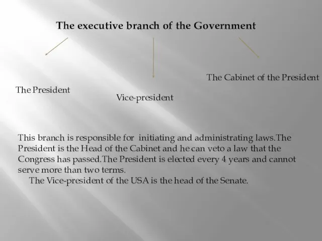 The executive branch of the Government The President Vice-president The Cabinet of