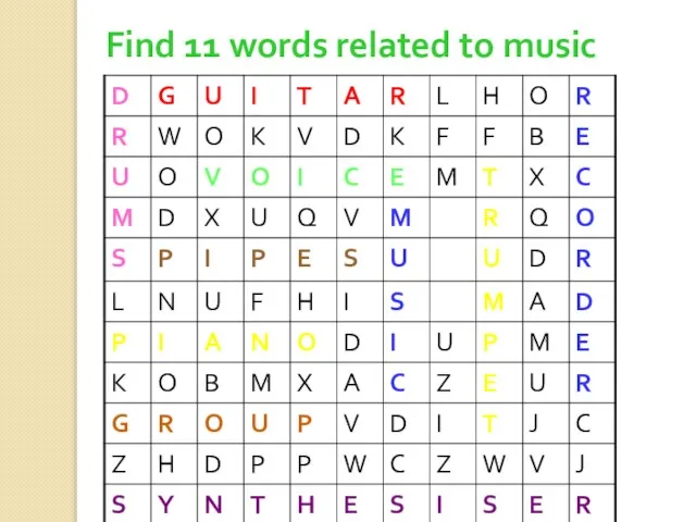 Find 11 words related to music