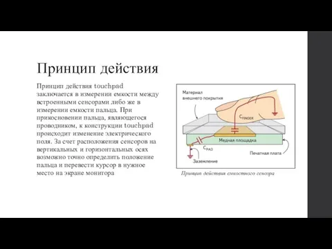 Принцип действия Принцип действия touchpad заключается в измерении емкости между встроенными сенсорами