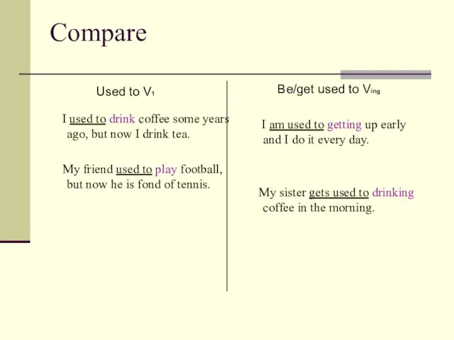 Compare Used to V1 I used to drink coffee some years ago,