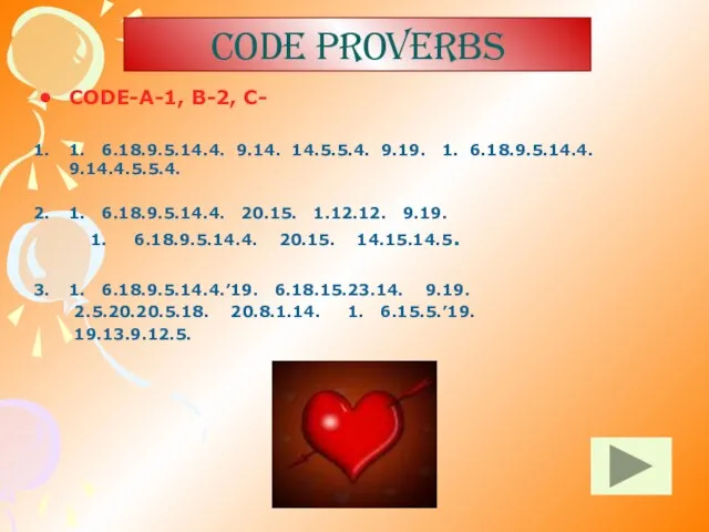 Code proverbs CODE-A-1, B-2, C- 1. 6.18.9.5.14.4. 9.14. 14.5.5.4. 9.19. 1. 6.18.9.5.14.4.