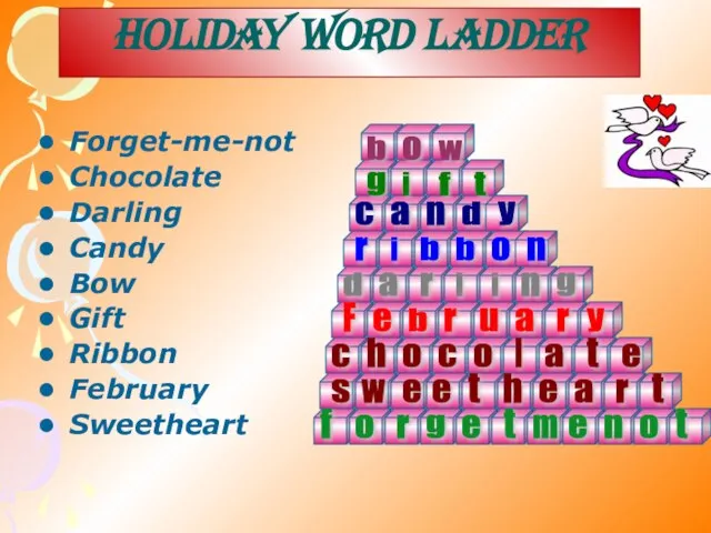 Holiday word ladder Forget-me-not Chocolate Darling Candy Bow Gift Ribbon February Sweetheart