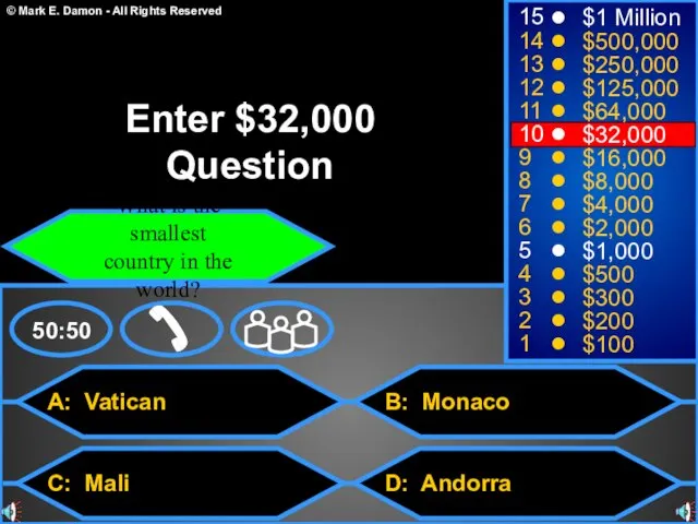 A: Vatican C: Mali B: Monaco D: Andorra 50:50 15 14 13