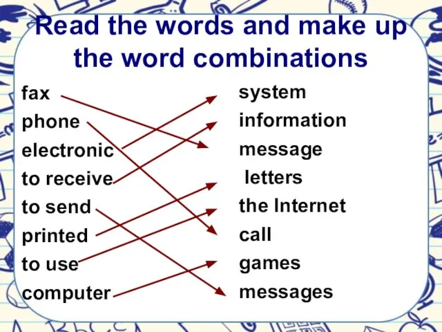 Read the words and make up the word combinations fax phone electronic