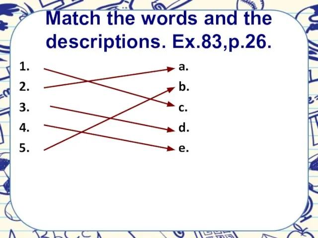 Match the words and the descriptions. Ex.83,p.26. 1. 2. 3. 4. 5.