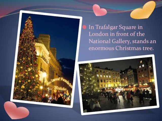 In Trafalgar Square in London in front of the National Gallery, stands an enormous Christmas tree.