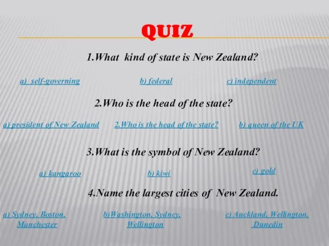 QUIZ 1.What kind of state is New Zealand? a) self-governing b) federal