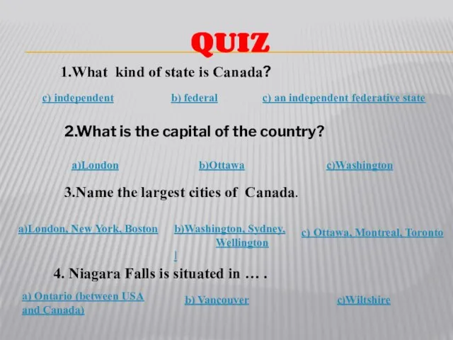 QUIZ 1.What kind of state is Canada? c) an independent federative state