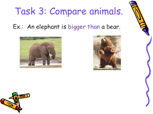 Task 3: Compare animals. Ex.: An elephant is bigger than a bear.