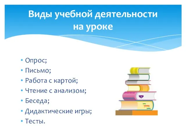 Опрос; Письмо; Работа с картой; Чтение с анализом; Беседа; Дидактические игры; Тесты.