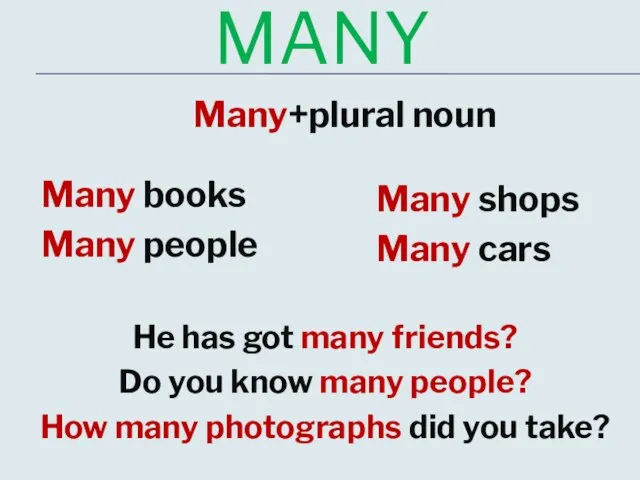MANY Many+plural noun Many books Many people Many shops Many cars He
