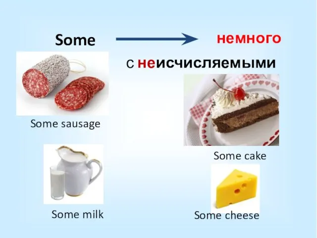 Some немного Some sausage Some cake Some cheese Some milk с неисчисляемыми