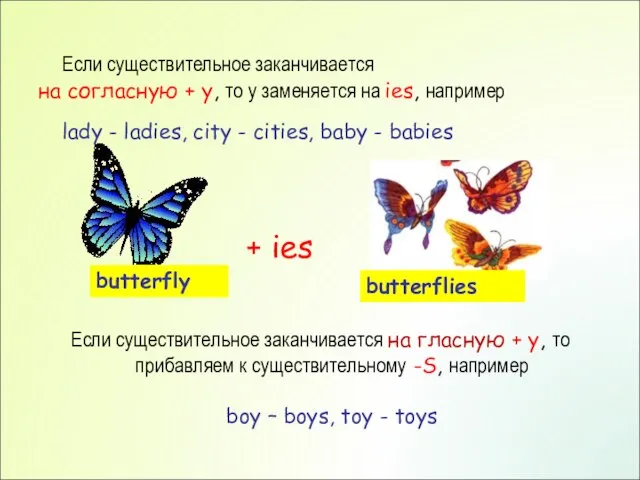 Если существительное заканчивается на согласную + y, то y заменяется на ies,