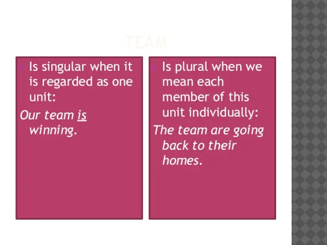 TEam Is singular when it is regarded as one unit: Our team
