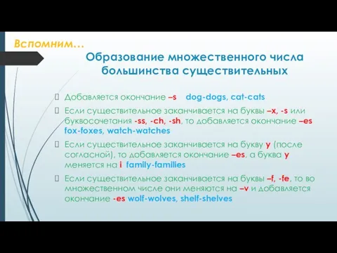 Образование множественного числа большинства существительных Добавляется окончание –s dog-dogs, cat-cats Если существительное