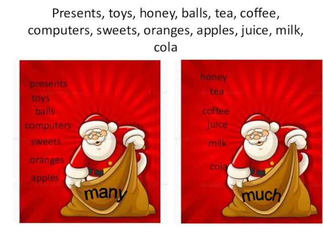 Presents, toys, honey, balls, tea, coffee, computers, sweets, oranges, apples, juice, milk,