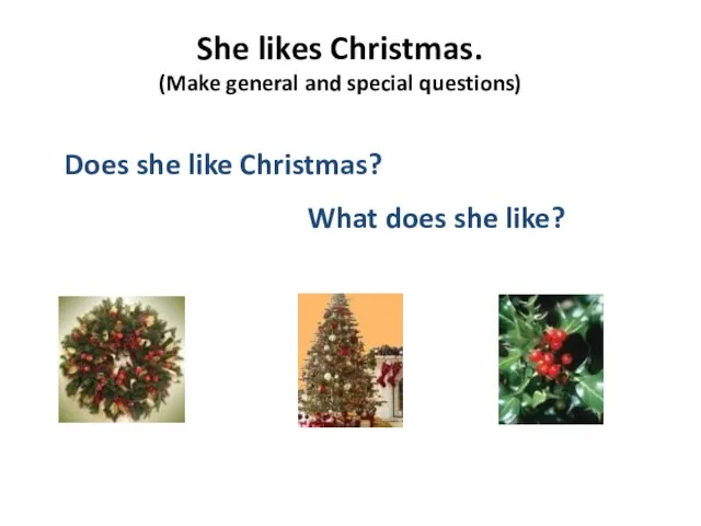 She likes Christmas. (Make general and special questions) Does she like Christmas? What does she like?