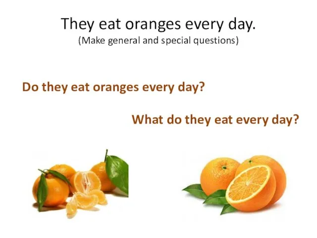 They eat oranges every day. (Make general and special questions) Do they