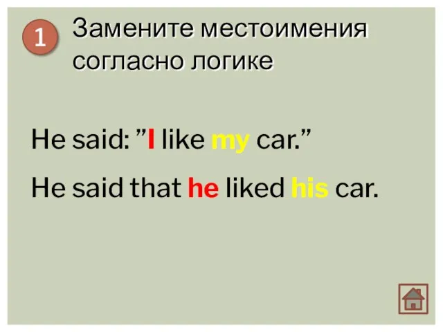 Замените местоимения согласно логике 1 He said: ”I like my car.” He