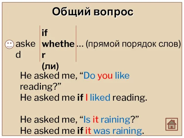 Общий вопрос asked if whether (ли) … (прямой порядок слов) He asked