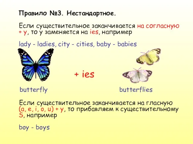 Правило №3. Нестандартное. Если существительное заканчивается на согласную + y, то y