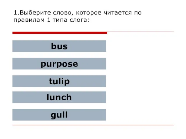1.Выберите слово, которое читается по правилам 1 типа слога: bus purpose tulip lunch gull