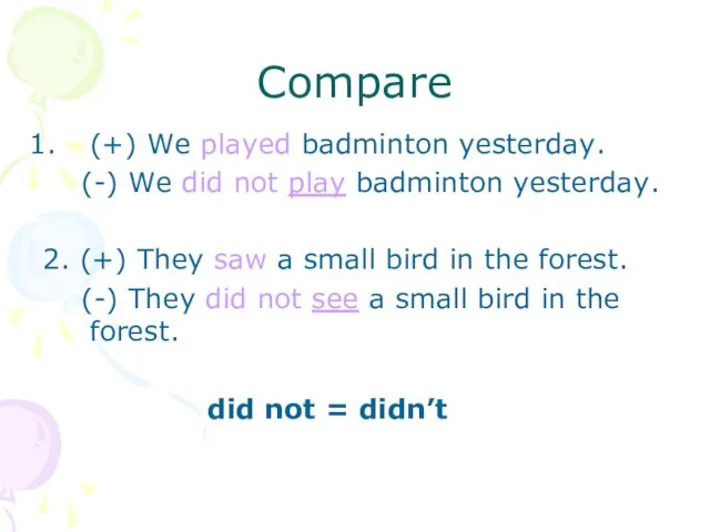 Compare (+) We played badminton yesterday. (-) We did not play badminton