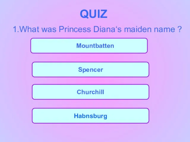 QUIZ 1.What was Princess Diana‘s maiden name ? Mountbatten Spencer Churchill Habnsburg