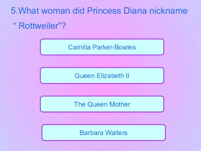 The Queen Mother Barbara Walters Queen Elizabeth II Camilla Parker-Bowles 5.What woman