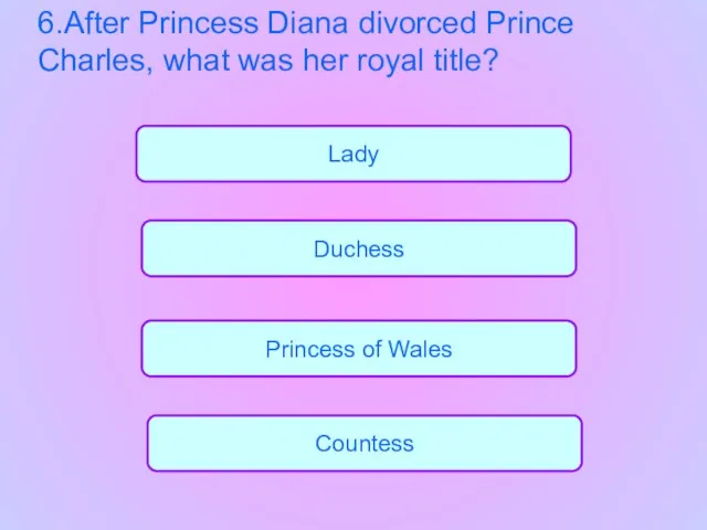 Princess of Wales Countess Duchess Lady 6.After Princess Diana divorced Prince Charles,