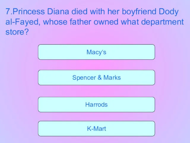 Spencer & Marks Harrods K-Mart Macy‘s 7.Princess Diana died with her boyfriend