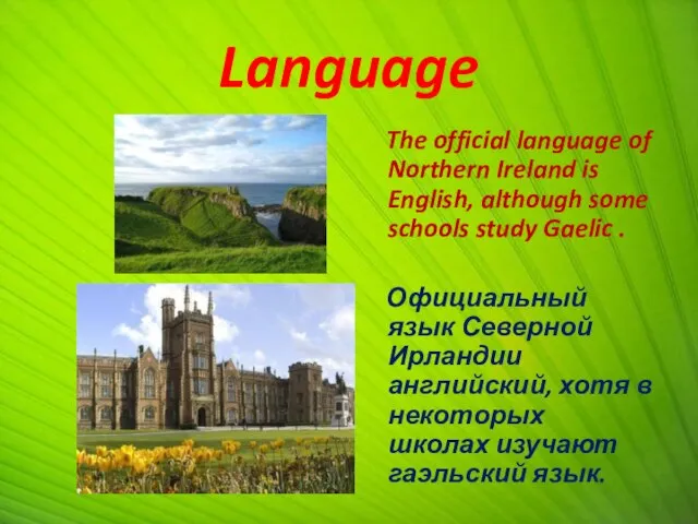Language The official language of Northern Ireland is English, although some schools