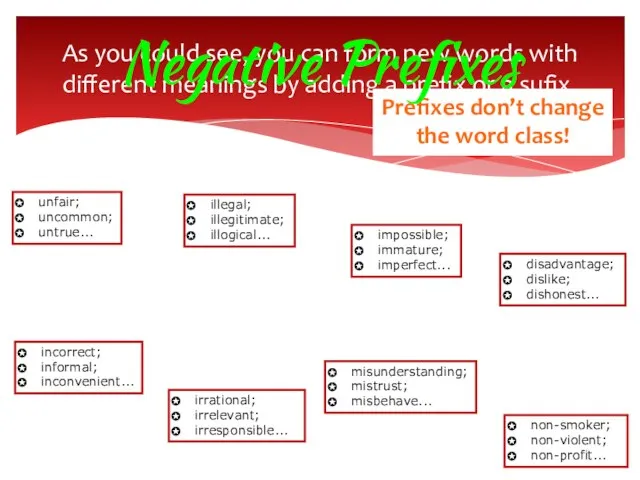 Prefixes don’t change the word class! As you could see, you can