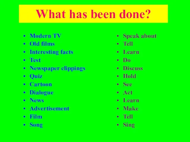 What has been done? Modern TV Old films Interesting facts Test Newspaper