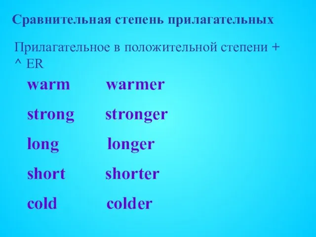 Сравнительная степень прилагательных Прилагательное в положительной степени + ^ ER warm warmer