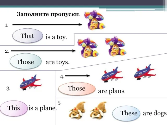 Заполните пропуски. 1. is a toy. 2. are toys. 3. is a