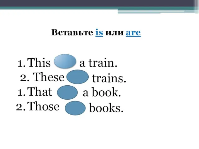 Вставьте is или are This 2. These That Those a train. trains. a book. books.