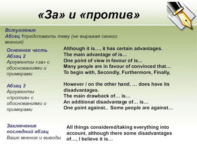 «За» и «против» Вступление Абзац 1представить тему (не выражая своего мнения) Основная