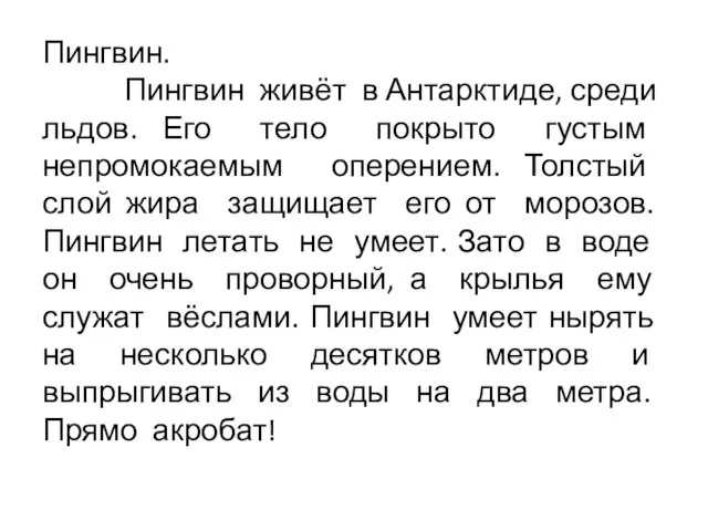 Пингвин. Пингвин живёт в Антарктиде, среди льдов. Его тело покрыто густым непромокаемым