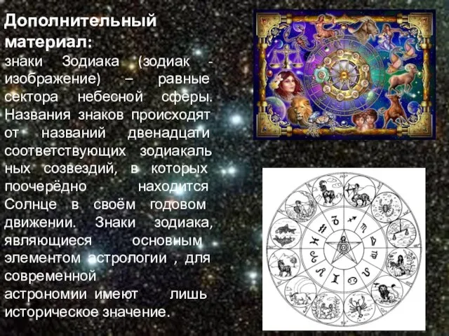 Дополнительный материал: знаки Зодиака (зодиак -изображение) – равные сектора небесной сферы. Названия