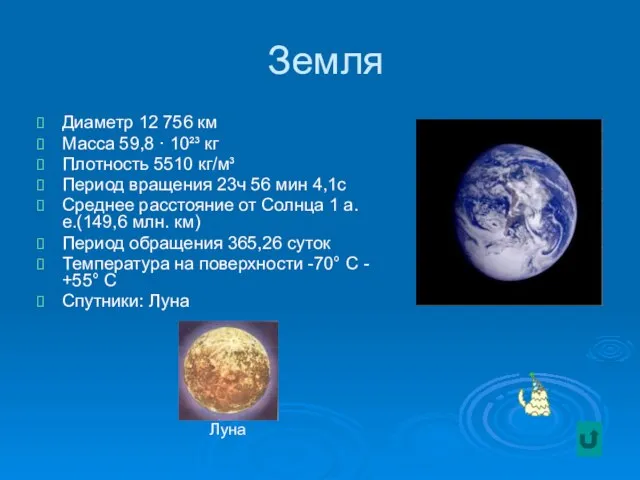 Земля Диаметр 12 756 км Масса 59,8 · 10²³ кг Плотность 5510