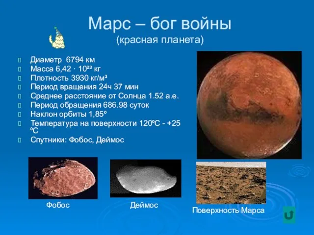 Марс – бог войны (красная планета) Диаметр 6794 км Масса 6,42 ·