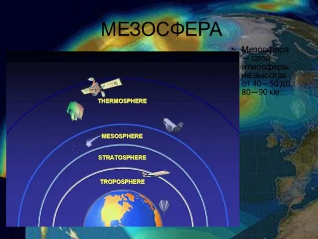 МЕЗОСФЕРА Мезосфе́ра — слой атмосферы на высотах от 40—50 до 80—90 км.