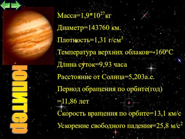Maccа=1,9*1027кг Диаметр=143760 км. Плотность=1,31 г/см3 Температура верхних облаков=-160oC Длина суток=9,93 часа Расстояние