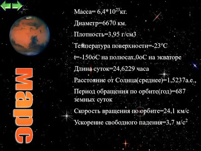 Maccа= 6,4*1023кг. Диаметр=6670 км. Плотность=3,95 г/см3 Температура поверхности=-23oС t=-150oC на полюсах,0oC на