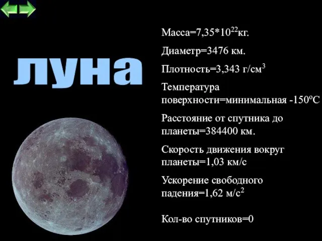 луна Кол-во спутников=0 Macca=7,35*1022кг. Диаметр=3476 км. Плотность=3,343 г/см3 Температура поверхности=минимальная -150oC Расстояние
