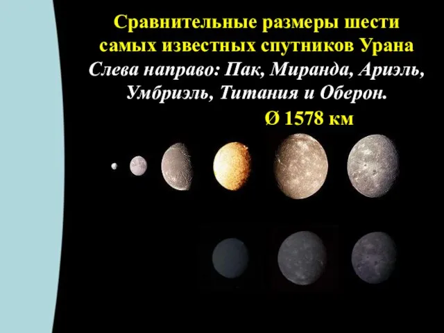 Сравнительные размеры шести самых известных спутников Урана Слева направо: Пак, Миранда, Ариэль,